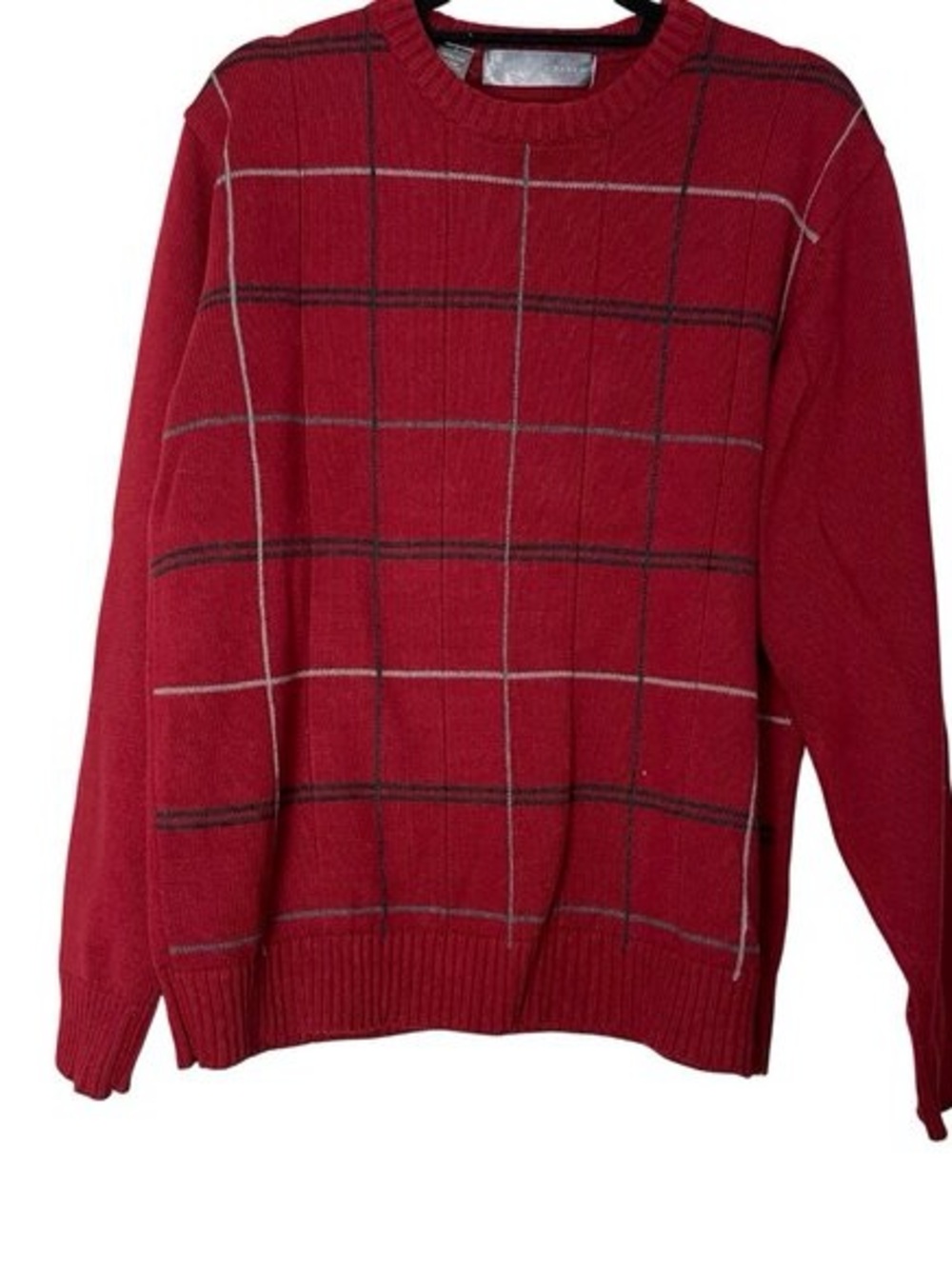 Oscar de la Renta Men's Wine Red Windowpane Crewneck Sweater Sz L(TXA2024)